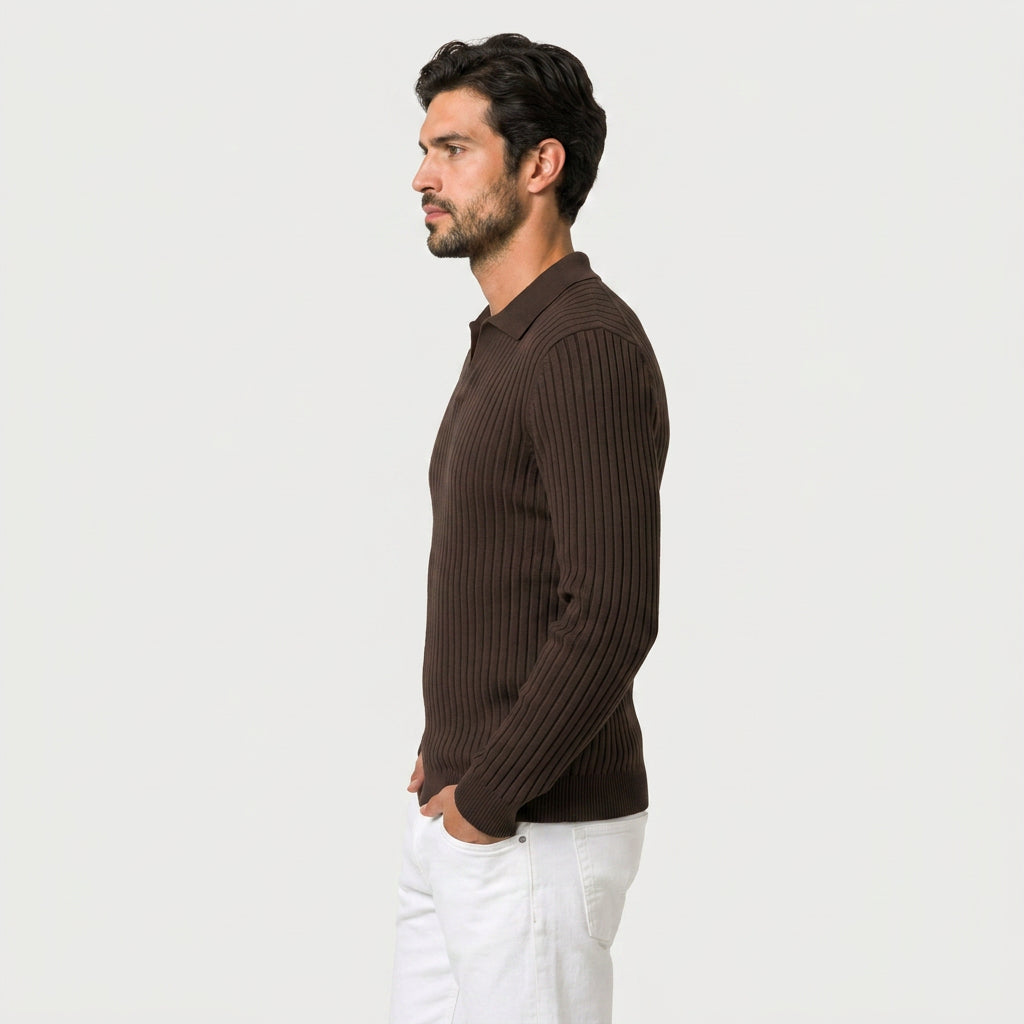 Men's Ribbed Knit Polo Sweater – Open Collar
