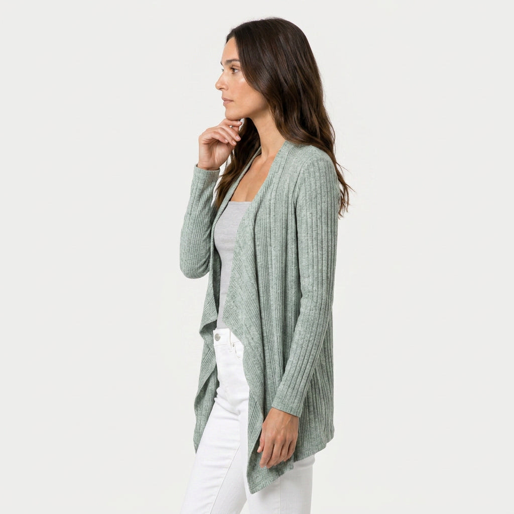 Women's Waterfall Cardigan – Ribbed Knit, Draped Front