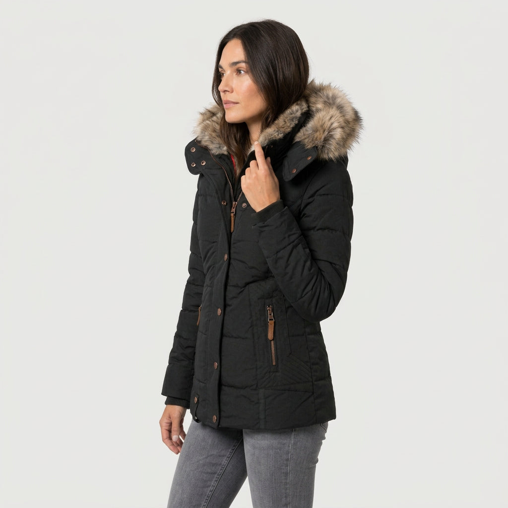 Women's Quilted Puffer Coat – Fur-Trimmed Hood, Mid-Thigh Length