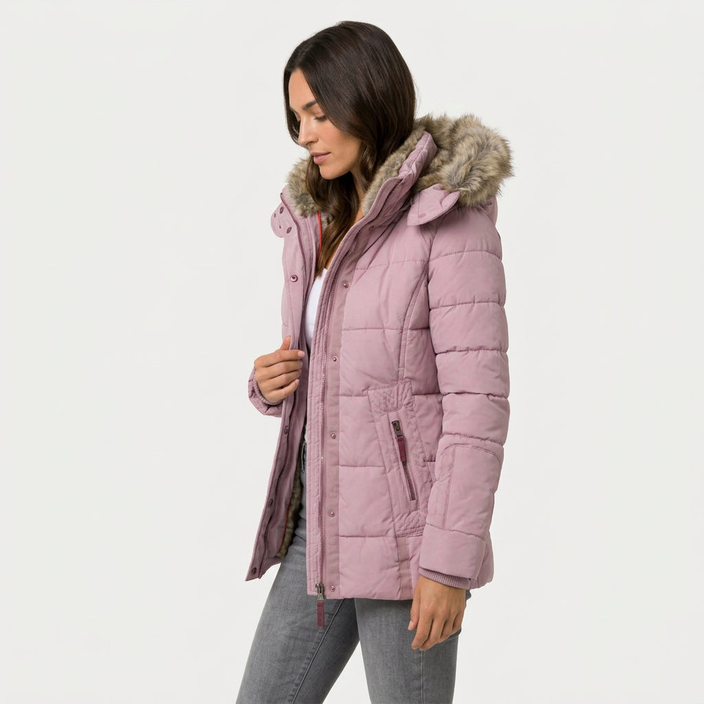 Women's Quilted Puffer Coat – Fur-Trimmed Hood, Mid-Thigh Length