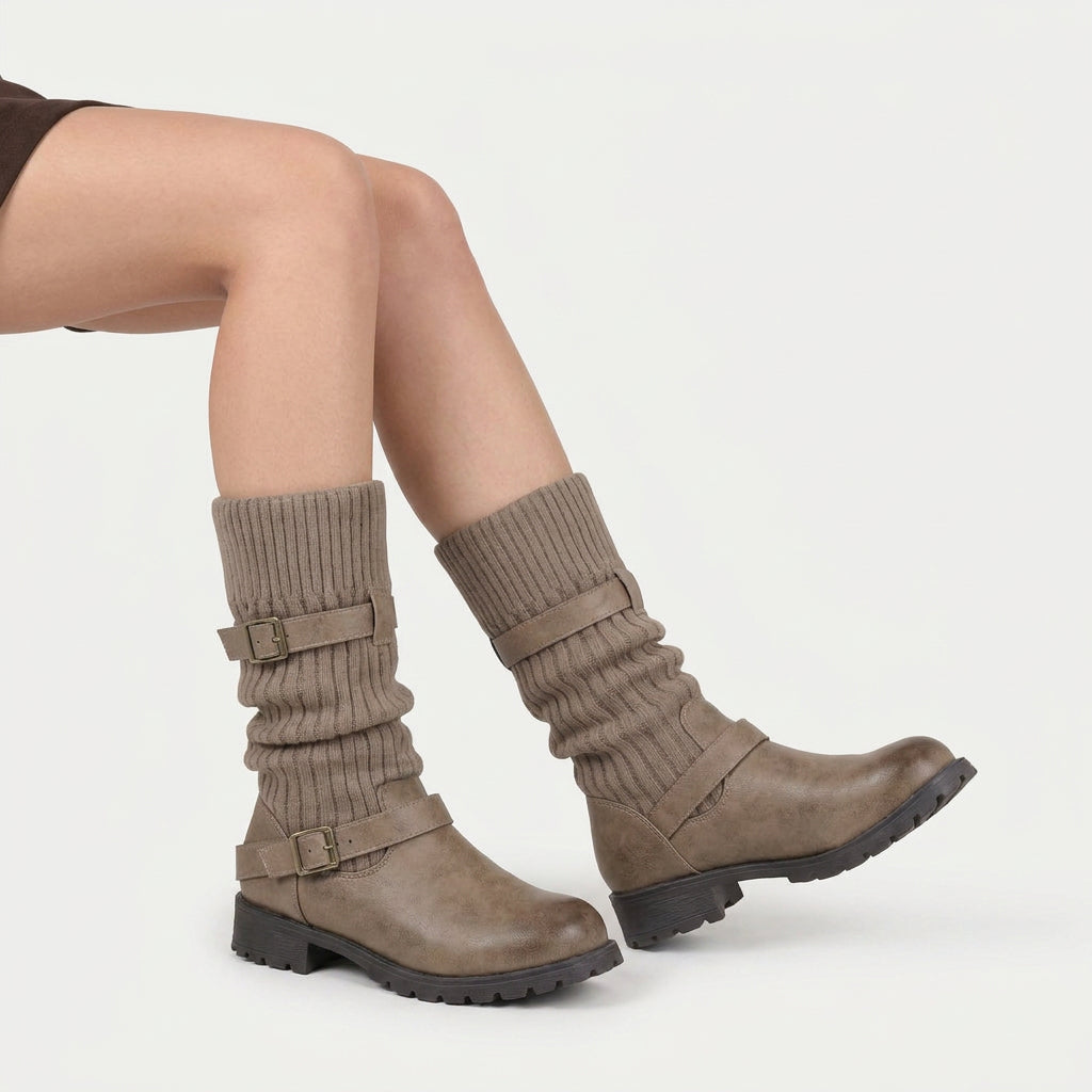 Women's Buckled Knit Cuff Mid-Calf Boot – Lug Sole