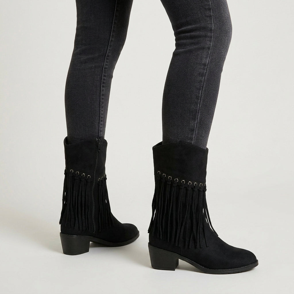 Women's Suede Fringed Mid-Calf Boot – Block Heel