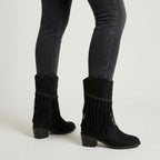 Women's Suede Fringed Mid-Calf Boot – Block Heel