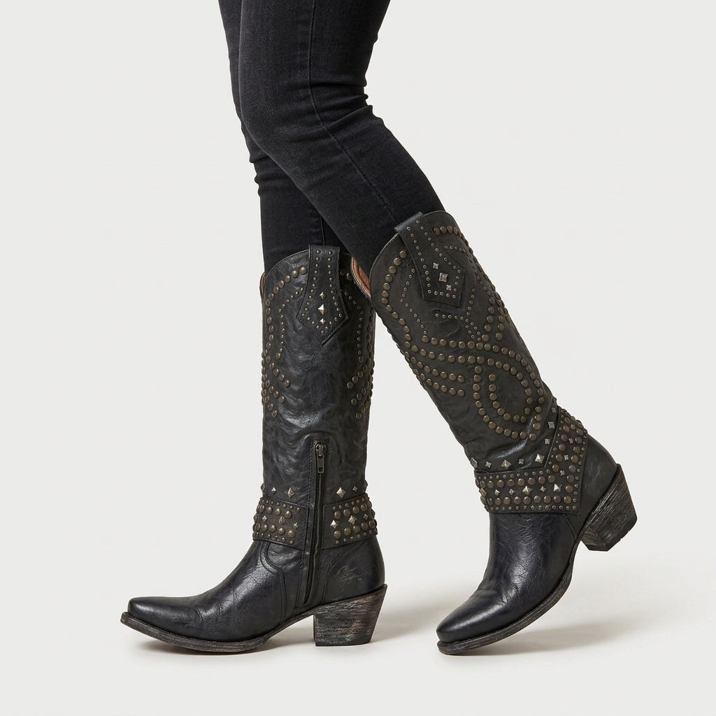 Women's Leather Studded Western Knee Boot – Block Heel