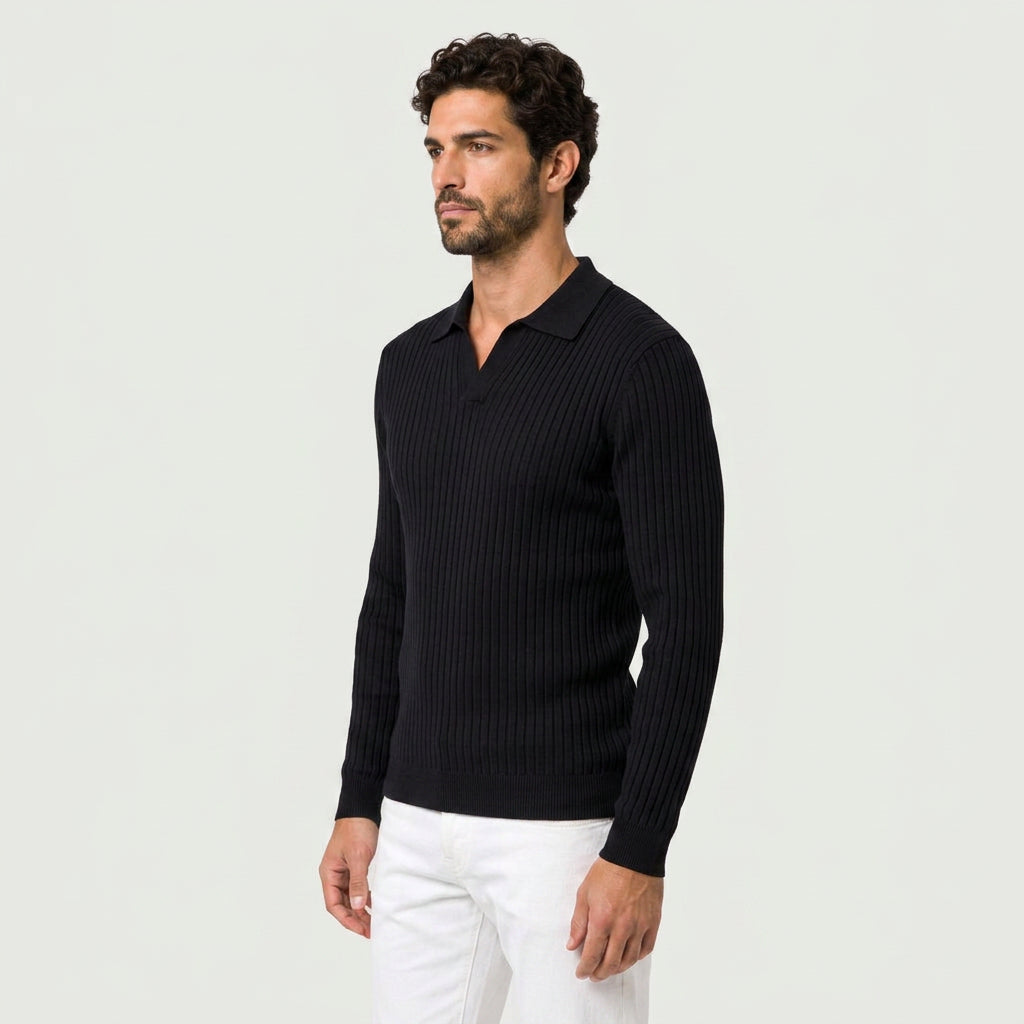 Men's Ribbed Knit Polo Sweater – Open Collar