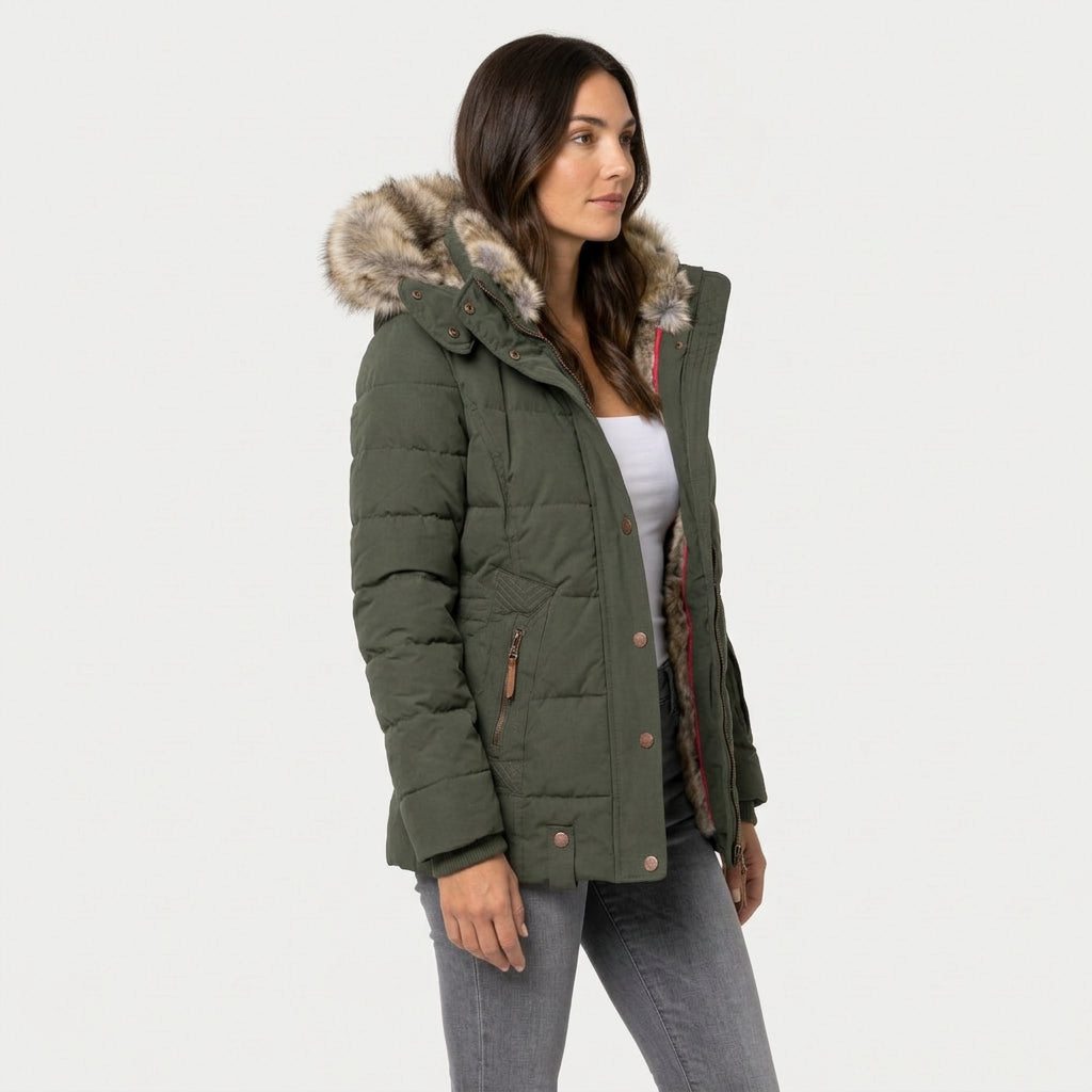 Women's Quilted Puffer Coat – Fur-Trimmed Hood, Mid-Thigh Length