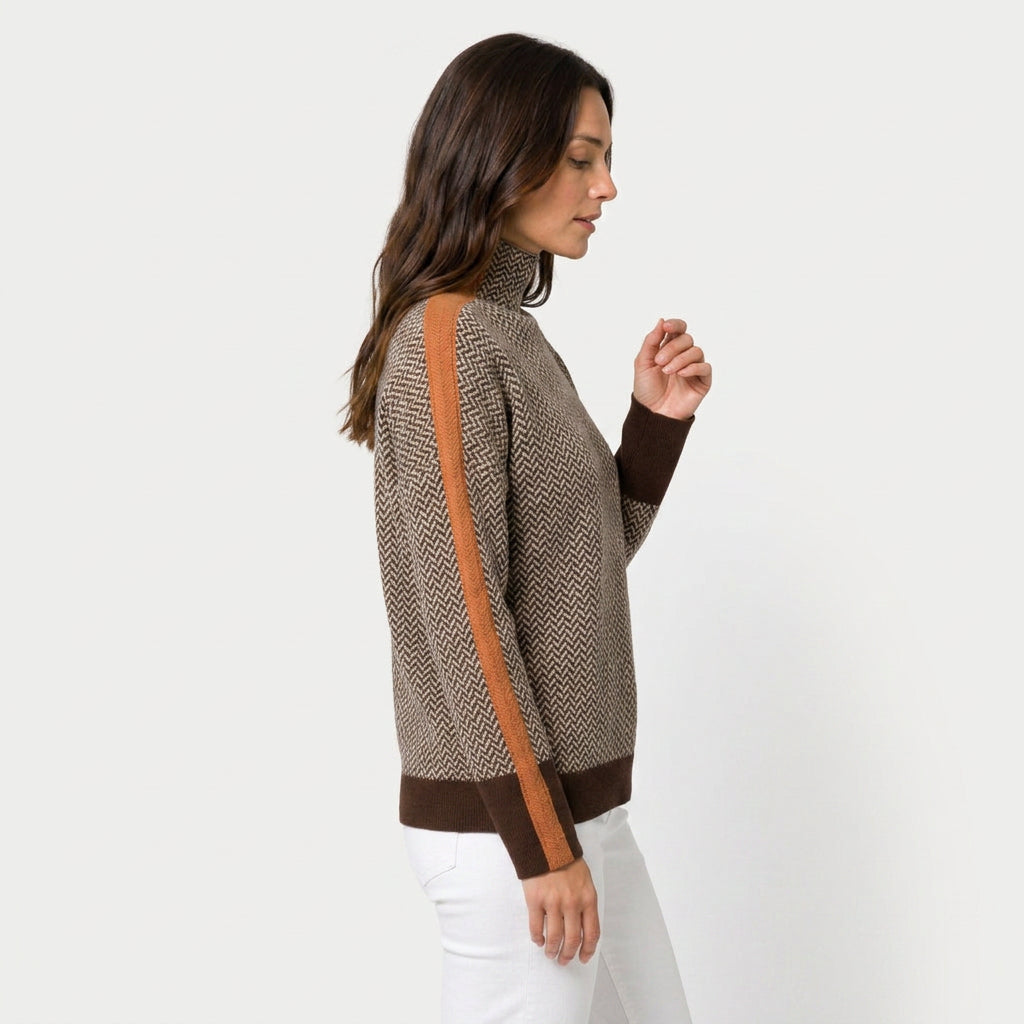 Women's Herringbone Funnel Neck Sweater – Sporty Stripe, Color-Block Trims