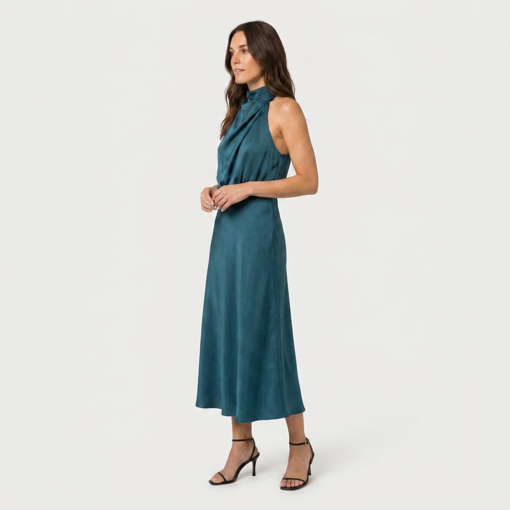 Women's Satin Halter Midi Dress – High Neck