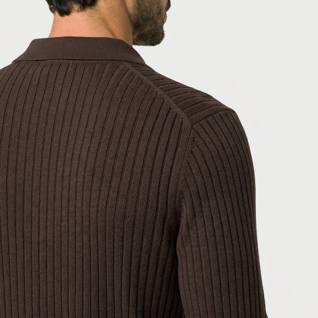Men's Ribbed Knit Polo Sweater – Open Collar