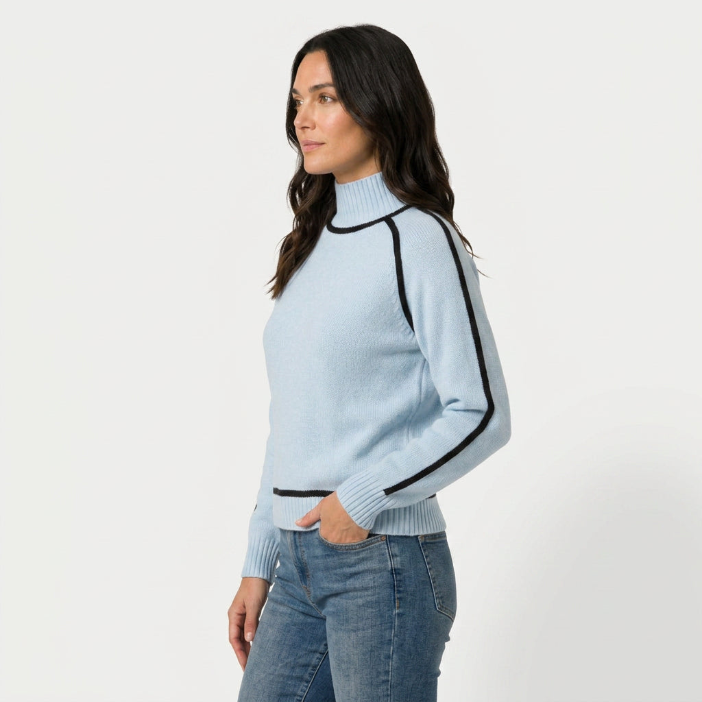 Women's Relaxed Fit Turtleneck Sweater – Contrast Piping, Ribbed Trims
