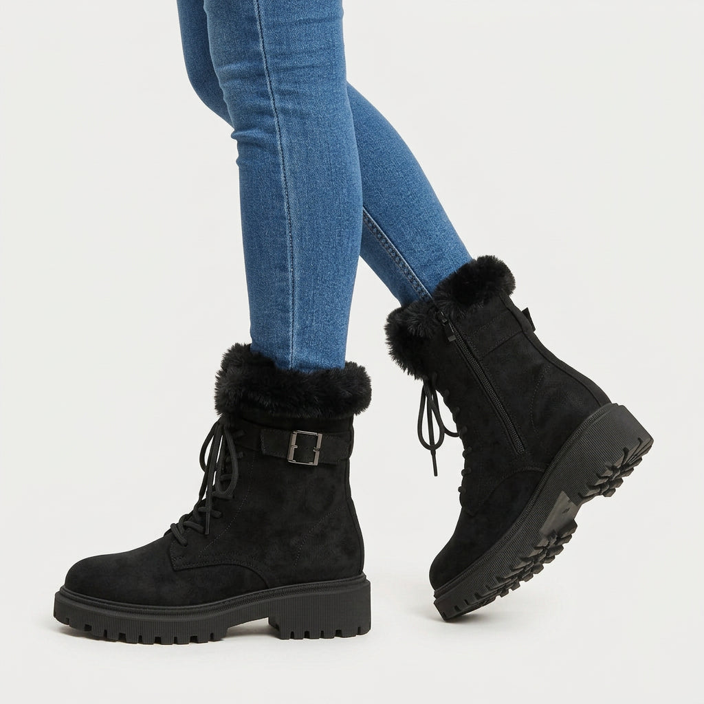 Women's Fuzzy Cuff Lace-Up Combat Boot – Platform Sole