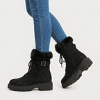 Women's Fuzzy Cuff Lace-Up Combat Boot – Platform Sole