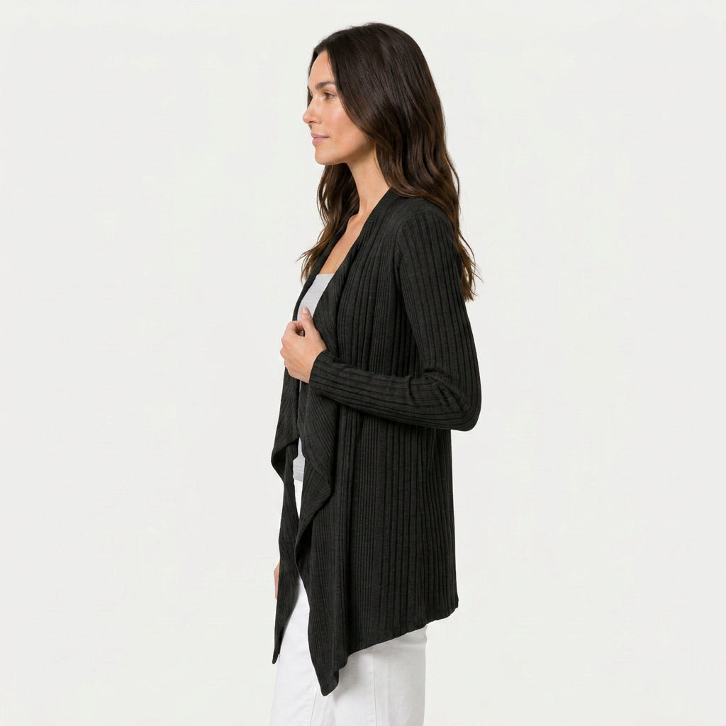 Women's Waterfall Cardigan – Ribbed Knit, Draped Front