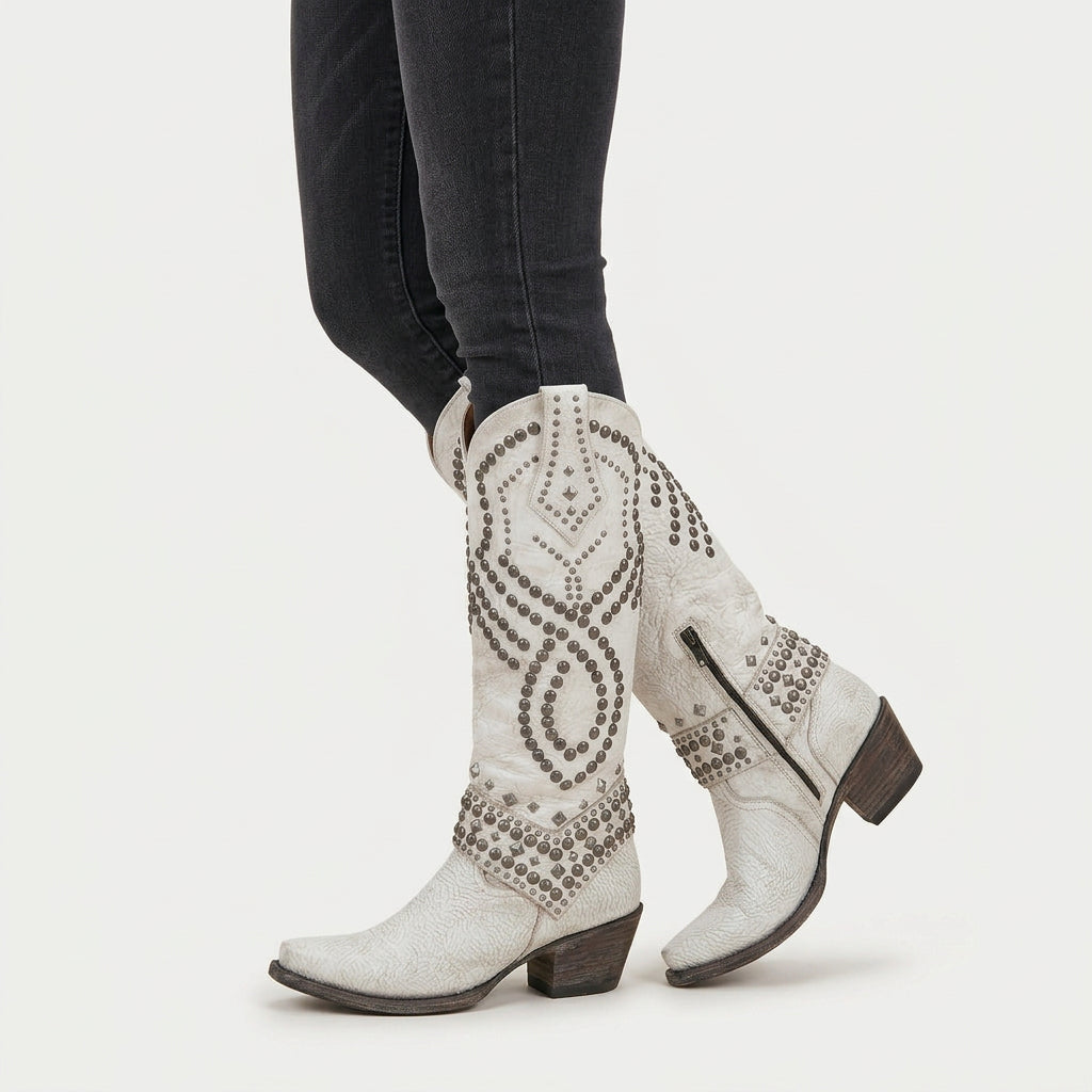 Women's Leather Studded Western Knee Boot – Block Heel