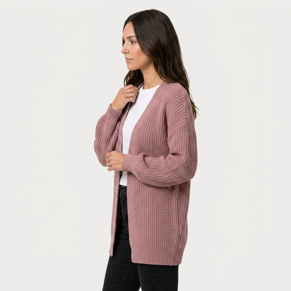 Women's Chunky Knit Cardigan – Open Front, Balloon Sleeve
