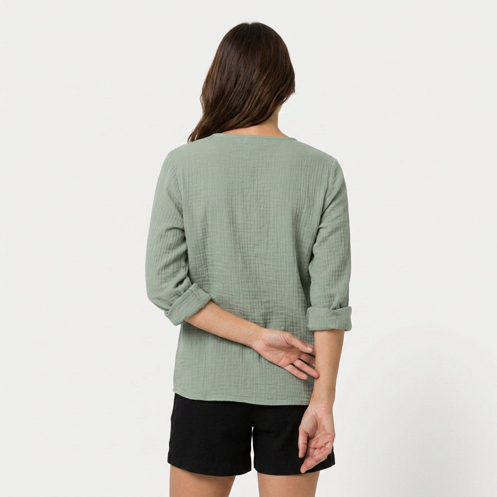 Women's Cotton Gauze Button-Up Blouse – V-Neck