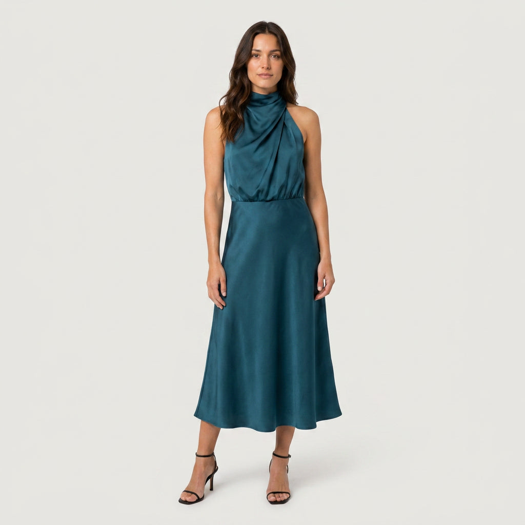 Women's Satin Halter Midi Dress – High Neck