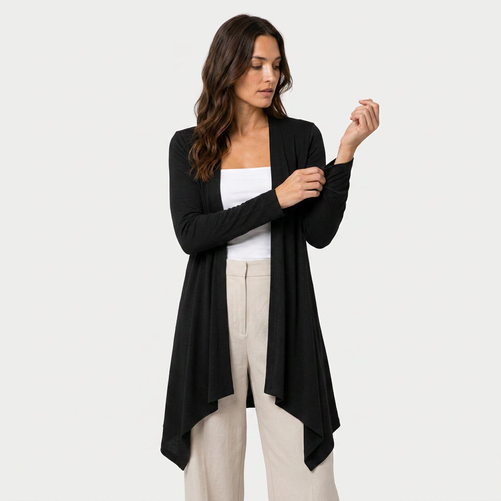 Women's Draped Jersey Cardigan – Open Front, Longline