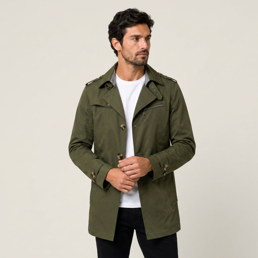 Men's Short Trench Coat – Single-Breasted, Cotton Blend