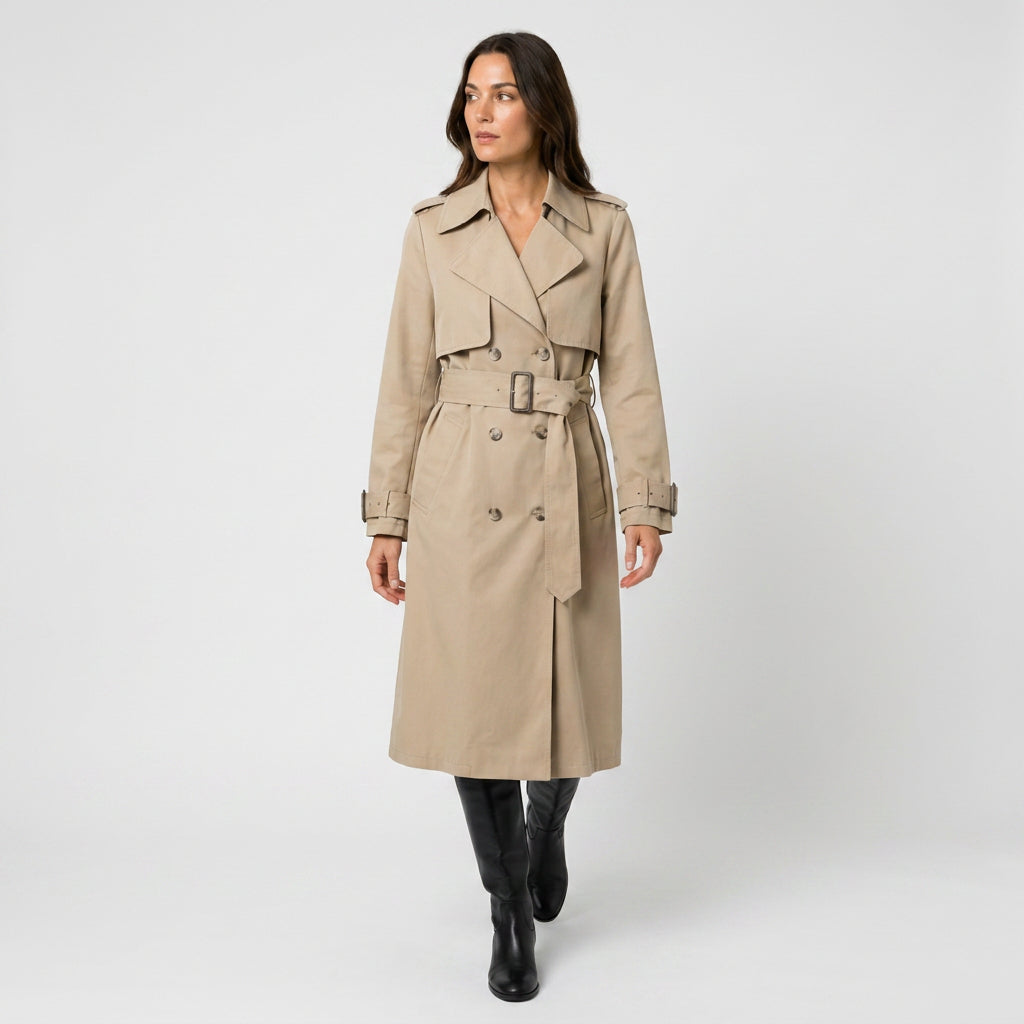 Women's Longline Trench Coat – Double-Breasted, Belted