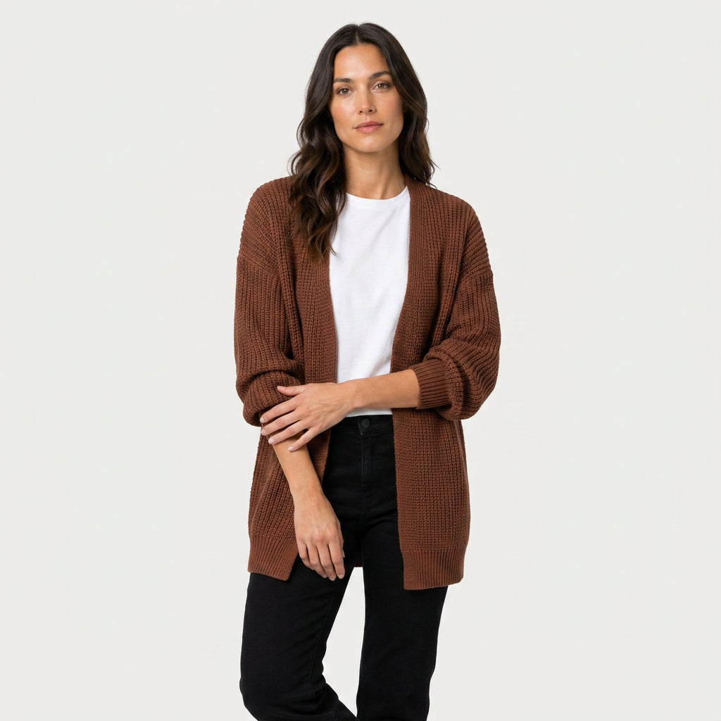 Women's Chunky Knit Cardigan – Open Front, Balloon Sleeve