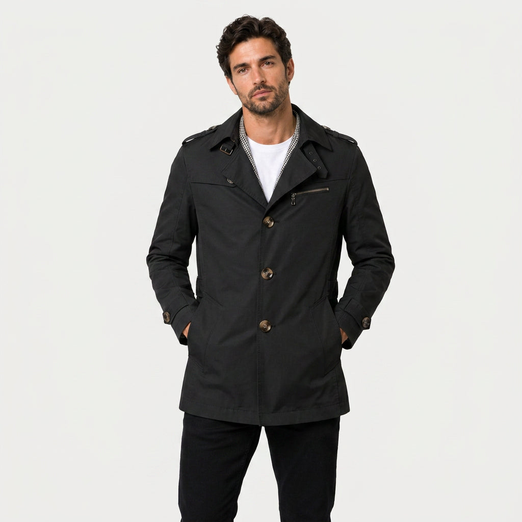 Men's Short Trench Coat – Single-Breasted, Cotton Blend