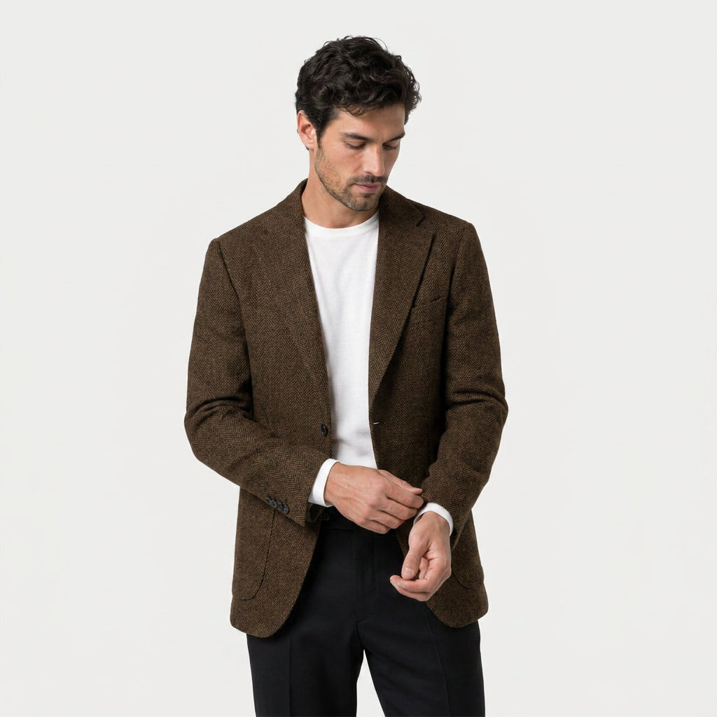 Men's Herringbone Two-Button Blazer – Textured Wool Blend