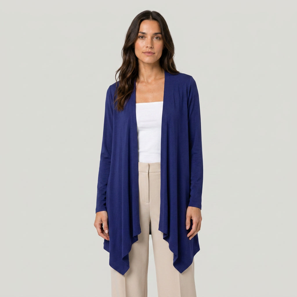 Women's Draped Jersey Cardigan – Open Front, Longline