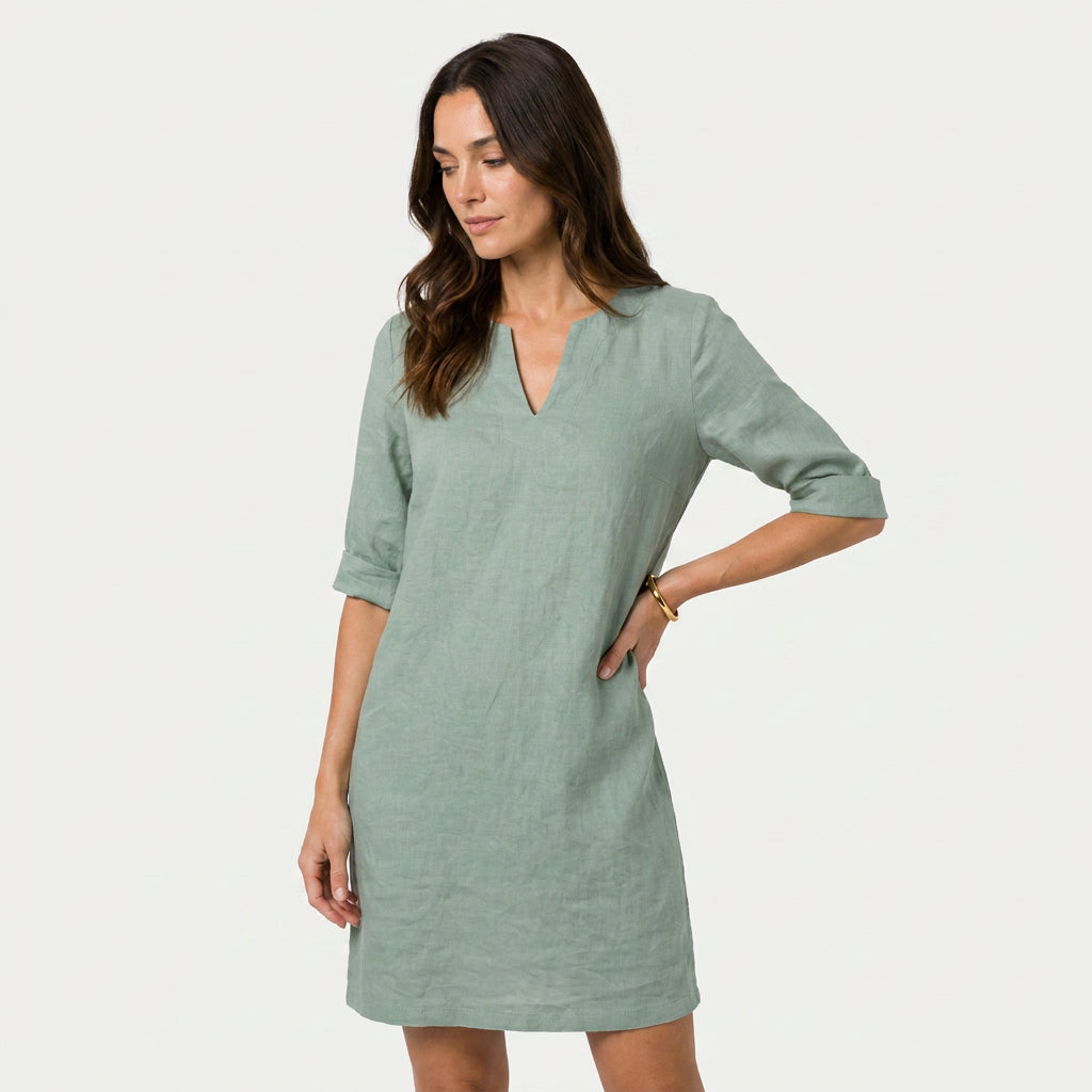 Women's Elbow Sleeve Linen Tunic Dress – V-Neck
