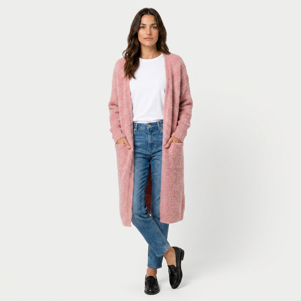 Women's Fuzzy Knit Longline Cardigan – Open Front