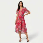Women's Flutter Sleeve Floral Wrap Midi Dress – Tie Waist