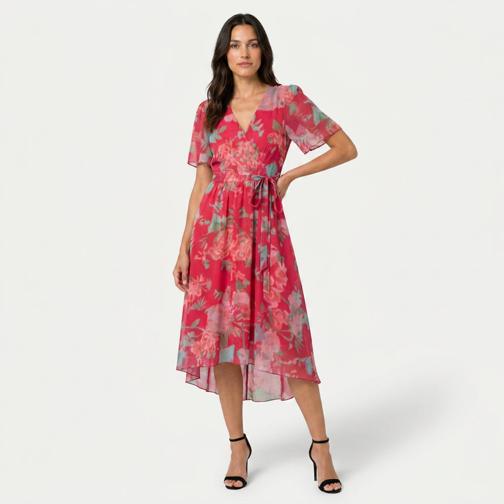 Women's Flutter Sleeve Floral Wrap Midi Dress – Tie Waist