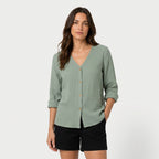 Women's Cotton Gauze Button-Up Blouse – V-Neck