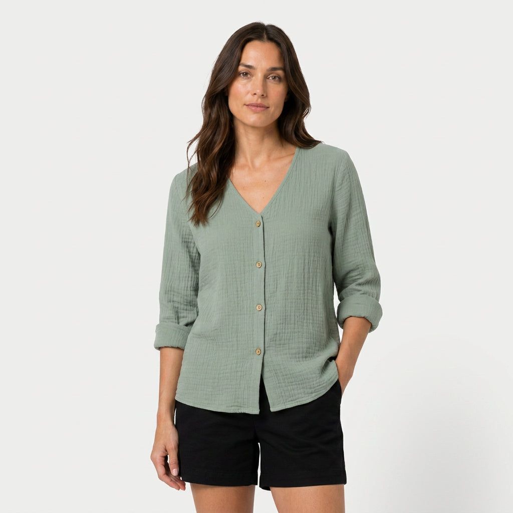 Women's Cotton Gauze Button-Up Blouse – V-Neck