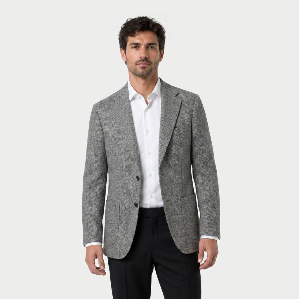 Men's Herringbone Two-Button Blazer – Textured Wool Blend