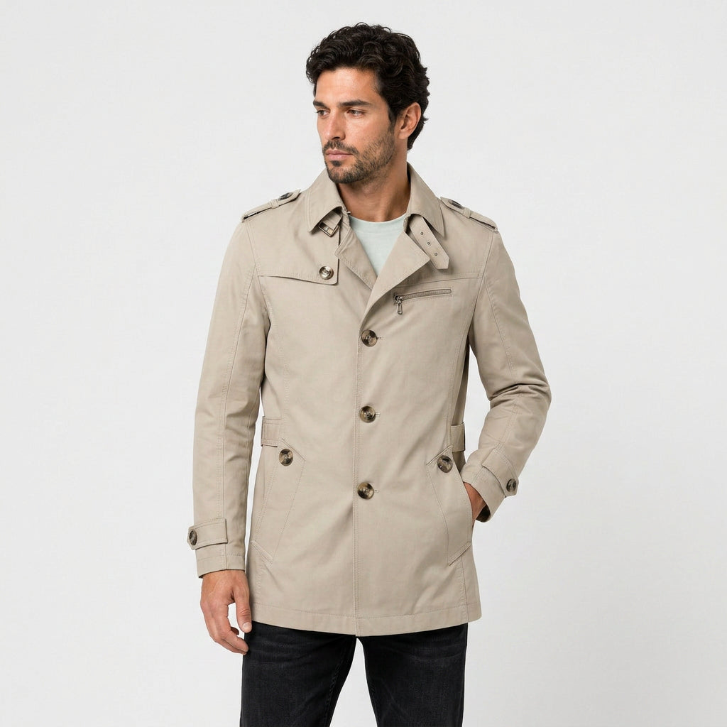 Men's Short Trench Coat – Single-Breasted, Cotton Blend