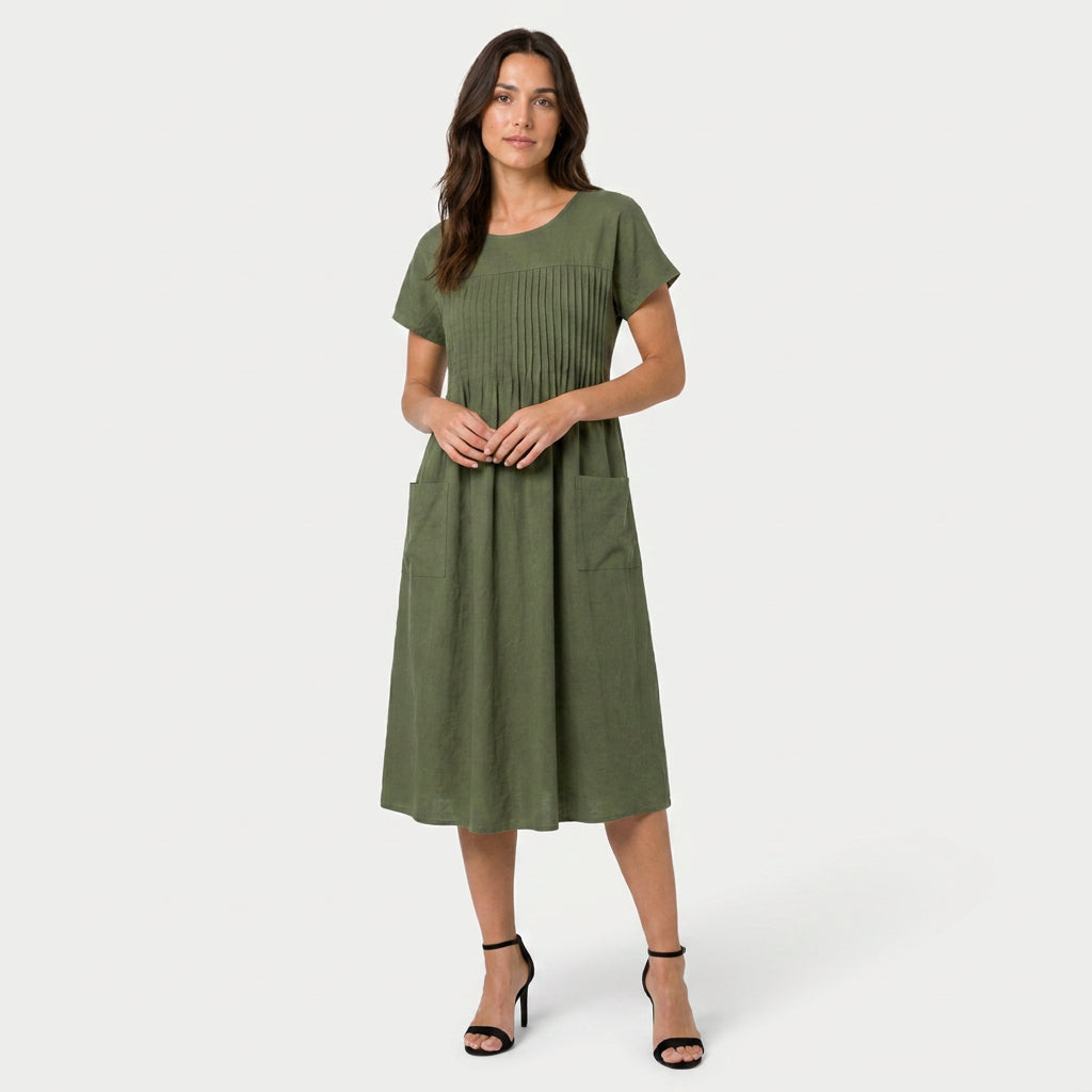 Women's Short Sleeve Pintuck Midi Dress – Pockets