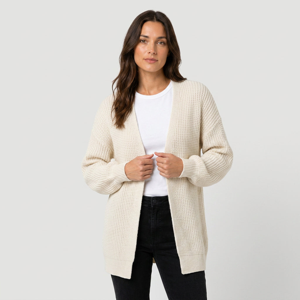 Women's Chunky Knit Cardigan – Open Front, Balloon Sleeve