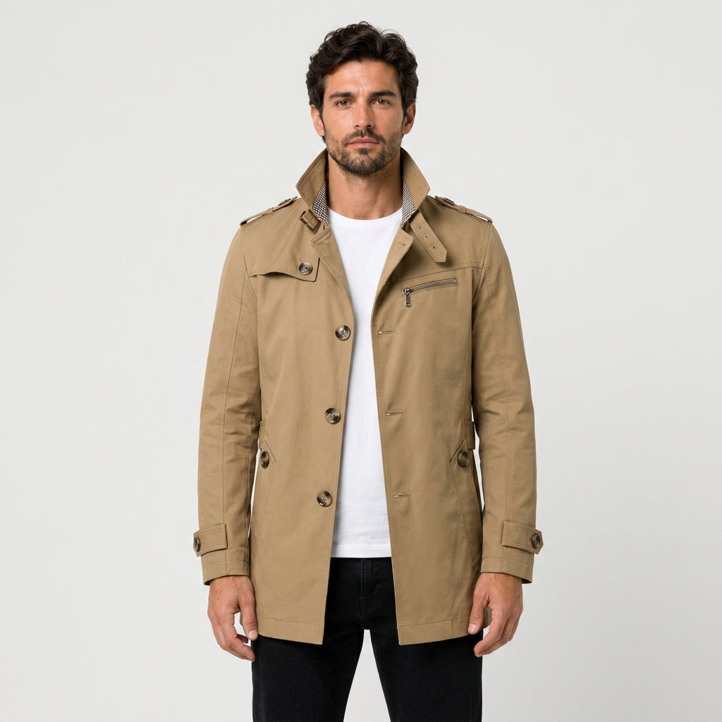 Men's Short Trench Coat – Single-Breasted, Cotton Blend