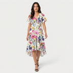 Women's Flutter Sleeve Floral Wrap Midi Dress – Tie Waist