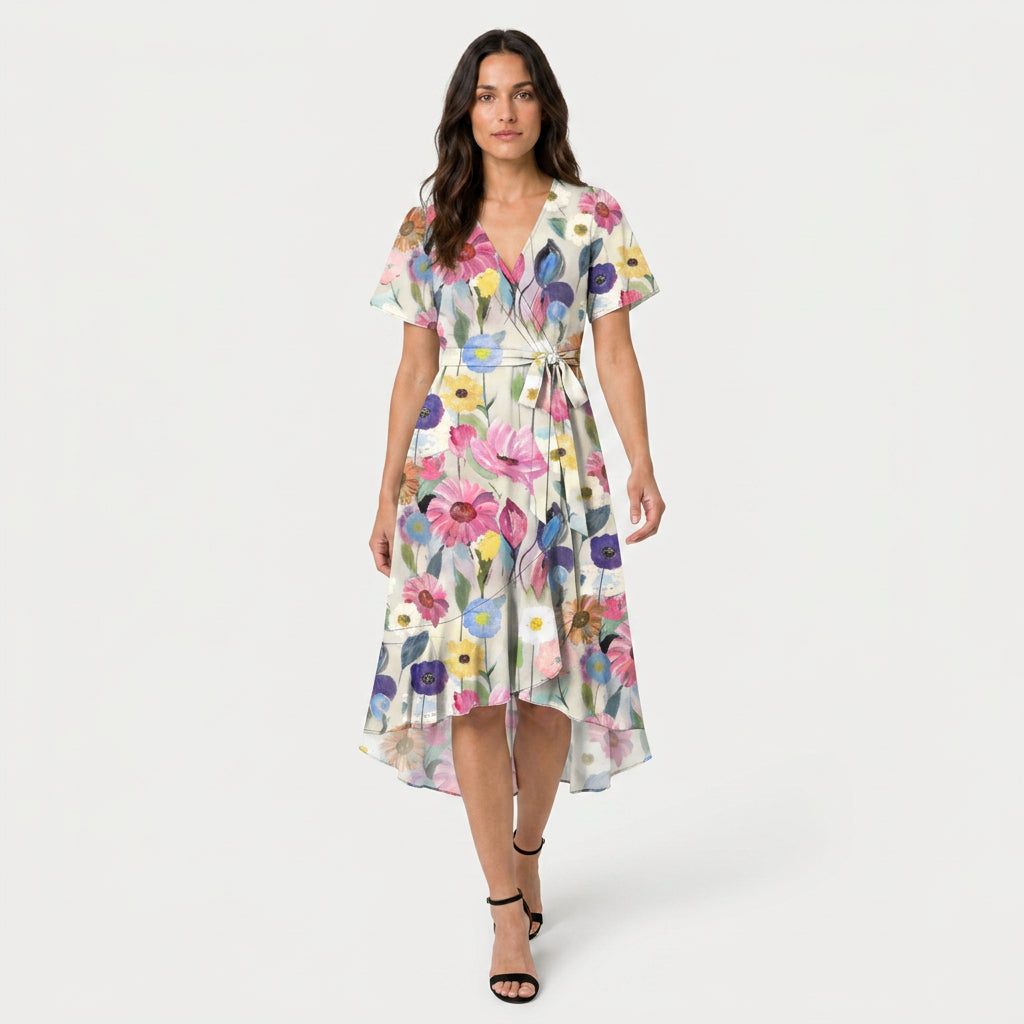 Women's Flutter Sleeve Floral Wrap Midi Dress – Tie Waist