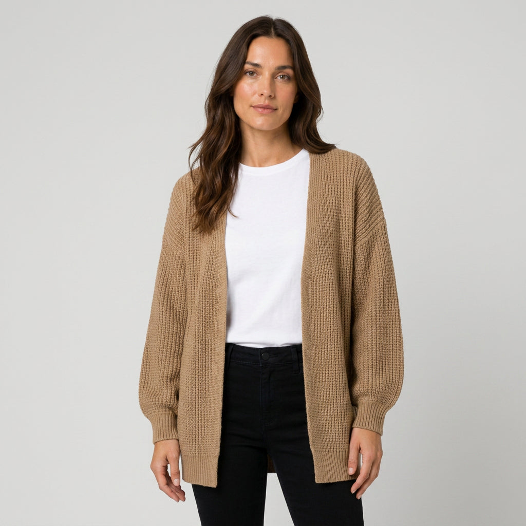 Women's Chunky Knit Cardigan – Open Front, Balloon Sleeve