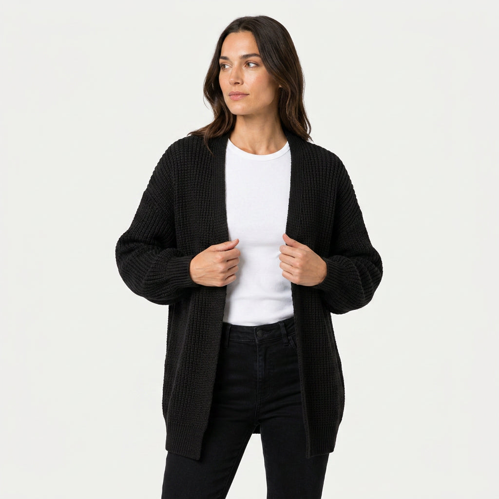 Women's Chunky Knit Cardigan – Open Front, Balloon Sleeve