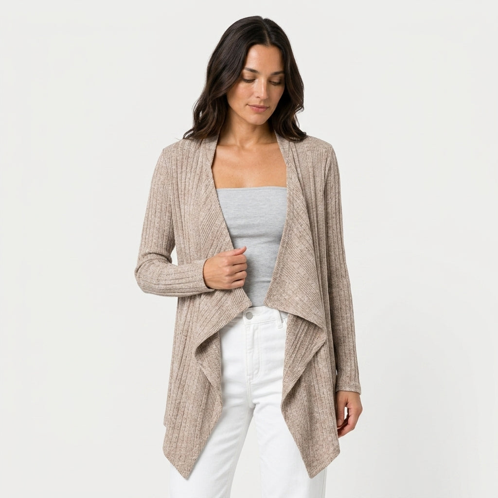 Women's Waterfall Cardigan – Ribbed Knit, Draped Front