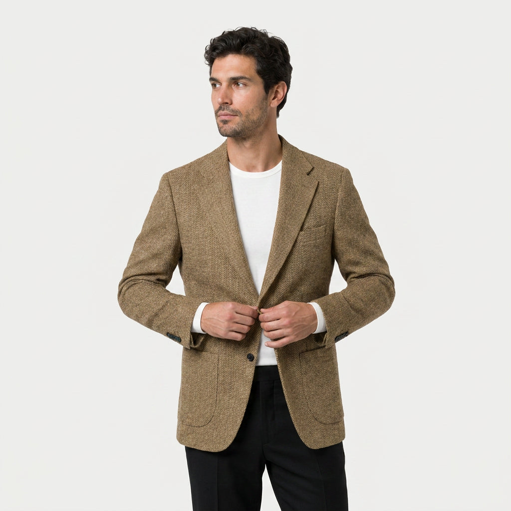 Men's Herringbone Two-Button Blazer – Textured Wool Blend