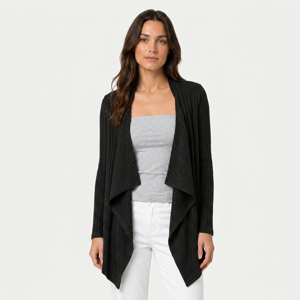 Women's Waterfall Cardigan – Ribbed Knit, Draped Front