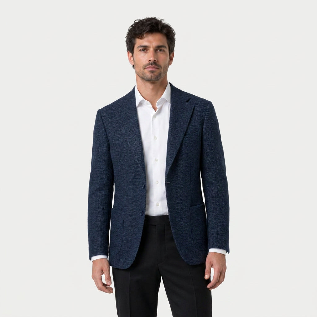Men's Herringbone Two-Button Blazer – Textured Wool Blend