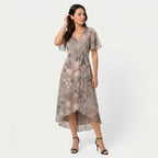 Women's Flutter Sleeve Floral Wrap Midi Dress – Tie Waist