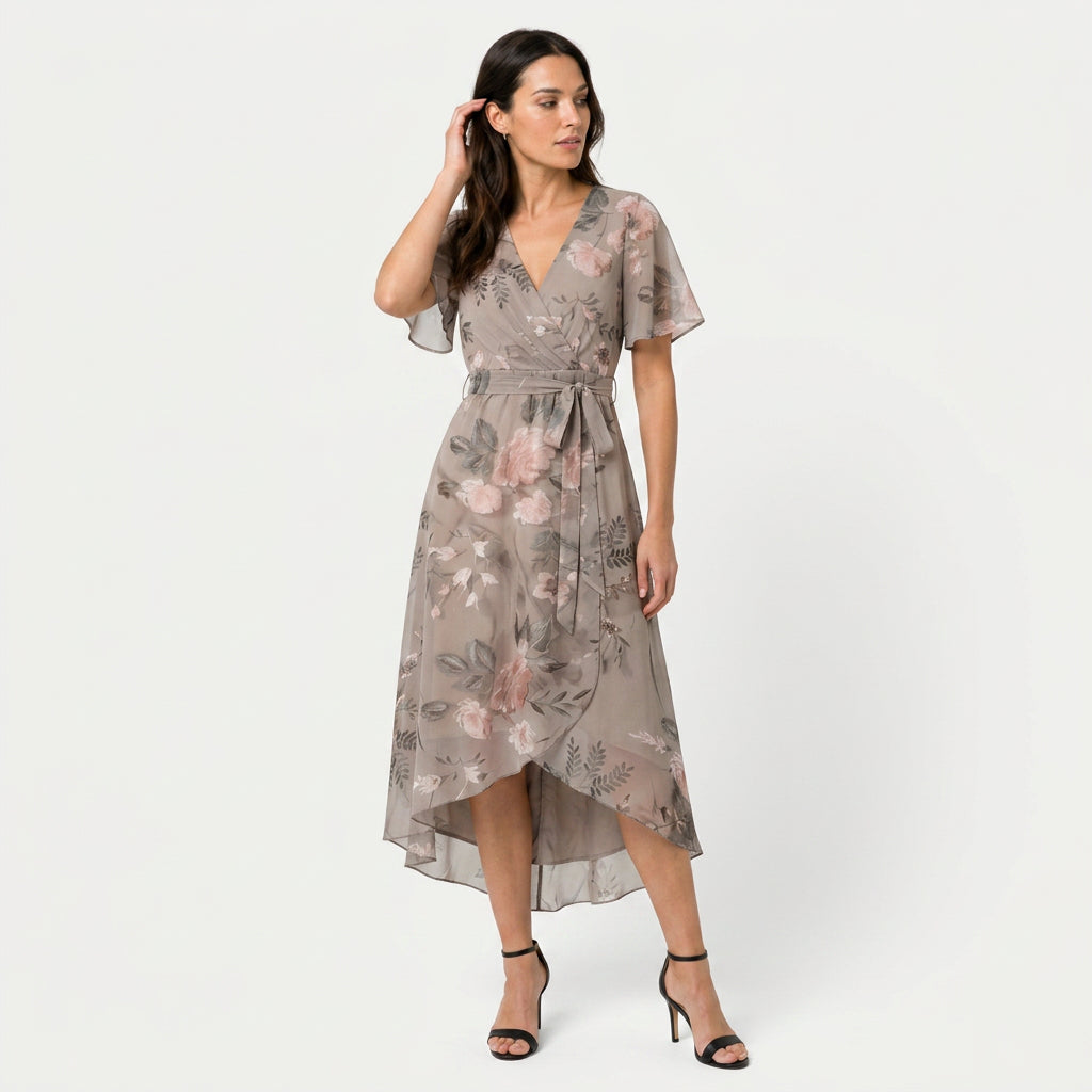 Women's Flutter Sleeve Floral Wrap Midi Dress – Tie Waist