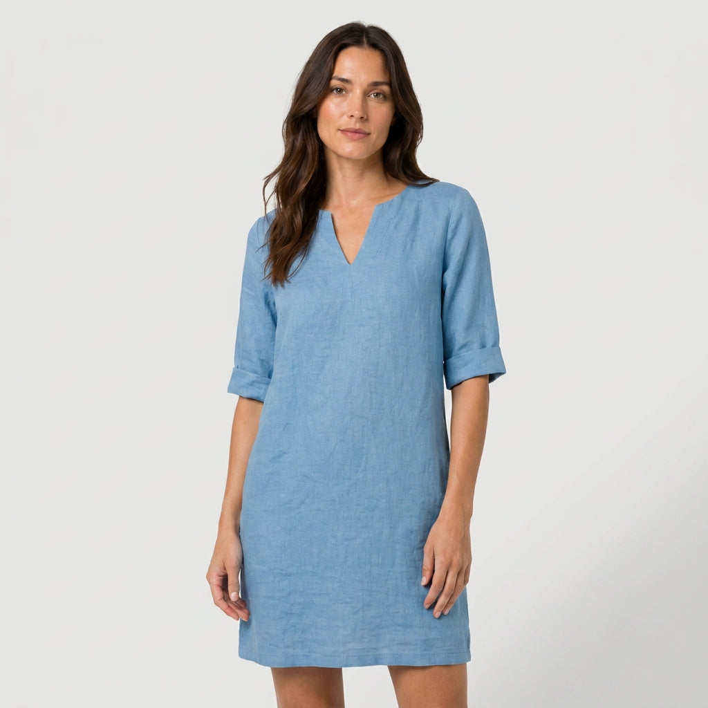 Women's Elbow Sleeve Linen Tunic Dress – V-Neck